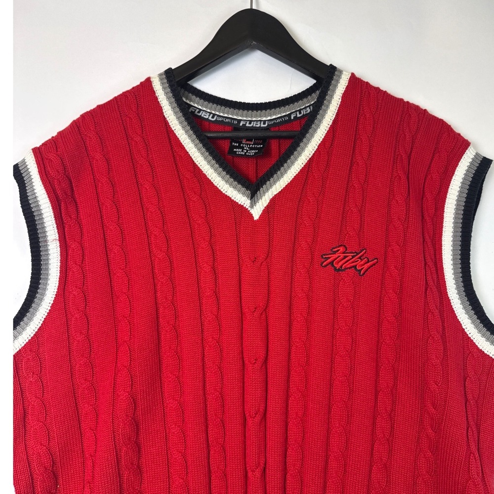Vintage Y2K FUBU Red Cable Knit Sweater‎ Vest V-Neck Striped XL 90s Streetwear - Picture 3 of 10